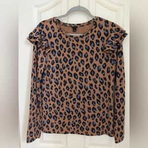 Ann Taylor Leopard Print Ruffle Shoulder Long Sleeve Top